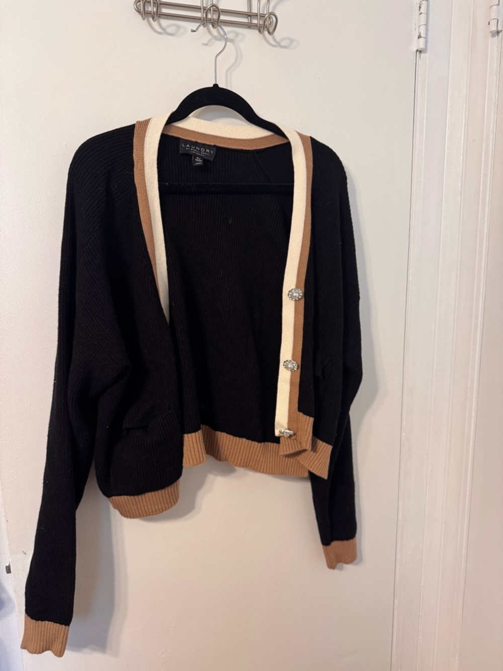 Laundry Black Cardigan with Tan & Cream Trim